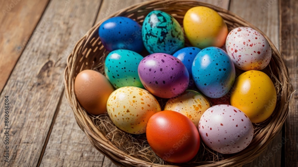 Easter eggs in vivid colors on a wooden table, close-up perspective Easter eggs in vivid colors on a wooden table, close-up perspective