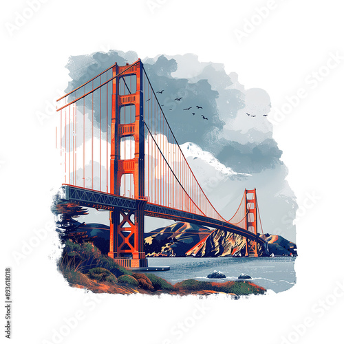 Golden Gate Bridge PNG illustrations showcasing the iconic landmark at different times of day with vibrant colors and stunning artistic details. photo