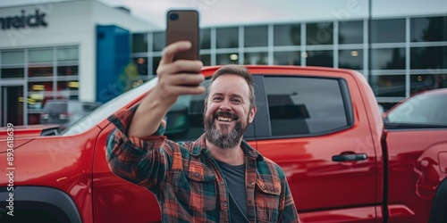 A man taking a selfie with his new pickup truck in a dealership lot, excitedly sharing his purchase on social media photo