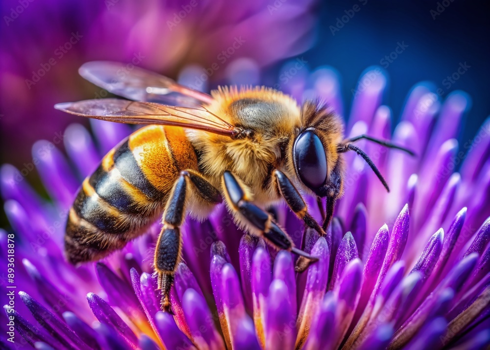 A busy bee collects nectar from a vibrant purple flower, exemplifying the harmonious intersection of technology and nature in a delicate, intricate dance of life. A busy bee collects nectar from a vibrant purple flower, exemplifying the harmonious intersection of technology and nature in a delicate, intricate dance of life.