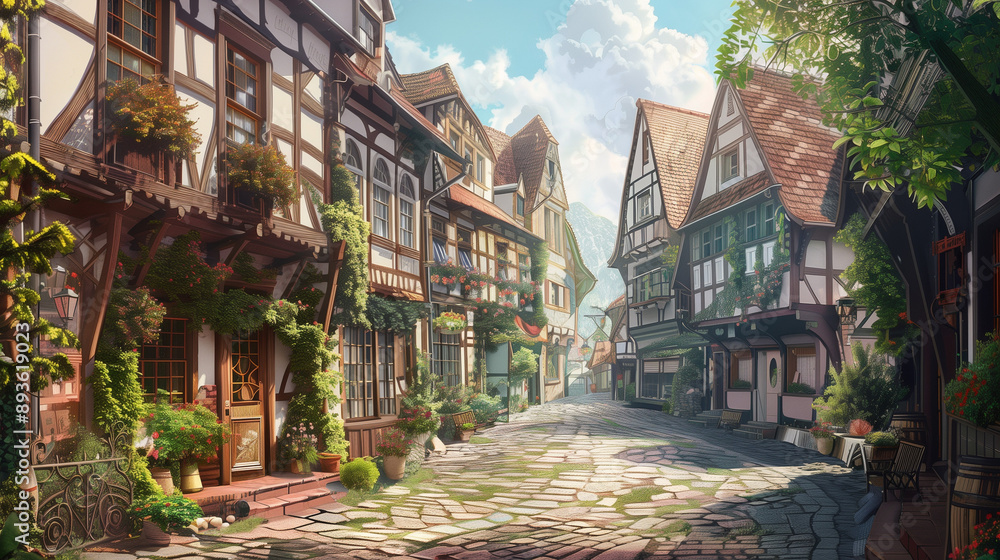 Fototapeta premium European fairy tale town street. Detailed digital CG artwork, perfect for video games and book illustration backdrops.