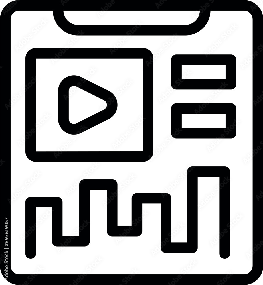 Line icon of a mobile phone displaying a video player interface with a play button and an audio waveform Line icon of a mobile phone displaying a video player interface with a play button and an audio waveform