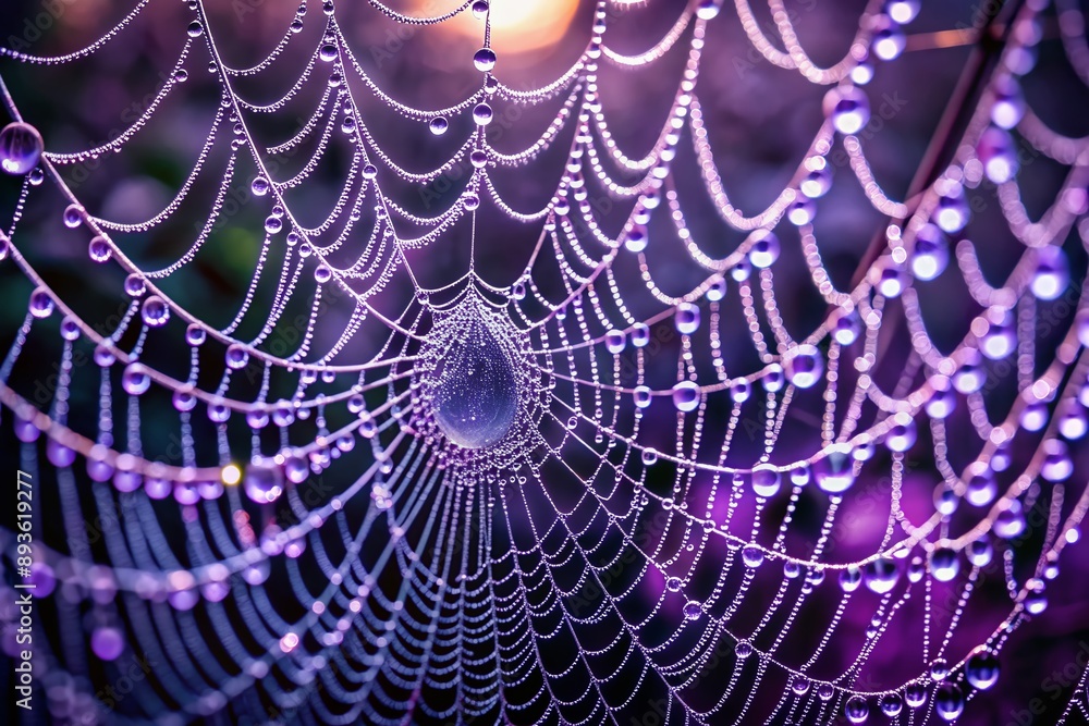 Fototapeta premium Ethereal close-up of a intricate spider web glistens with dew droplets, illuminated by soft purple hues against a mysterious dark background, exuding mystique and wonder.