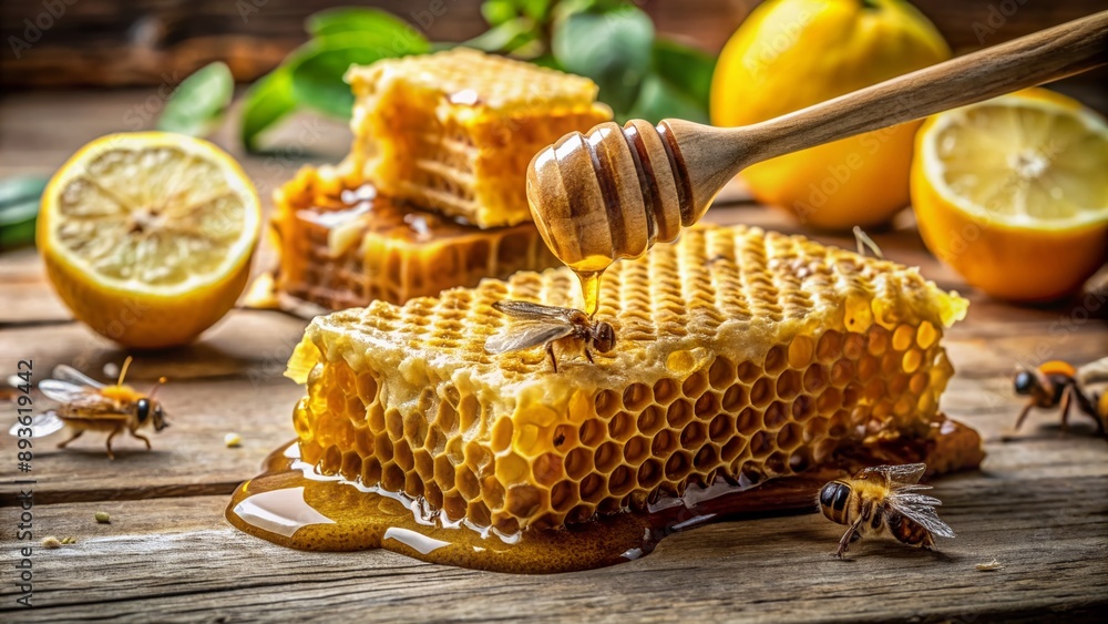 Golden honey drips from honeycomb cells surrounded by busy bees collecting nectar, next to a slice of fresh lemon, on a rustic wooden background. Golden honey drips from honeycomb cells surrounded by busy bees collecting nectar, next to a slice of fresh lemon, on a rustic wooden background.