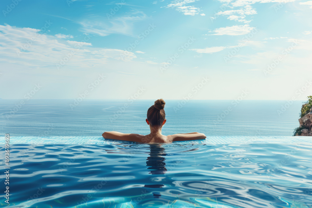 Donna che nuota in una piscina di una spa dell'hotel di lusso con vista sul mare Donna che nuota in una piscina di una spa dell'hotel di lusso con vista sul mare