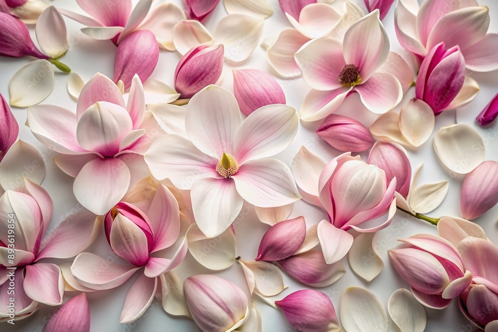 Delicate pink and white magnolia petals scattered randomly on a pure white background, showcasing their intricate details and subtle texture in soft, natural light. Delicate pink and white magnolia petals scattered randomly on a pure white background, showcasing their intricate details and subtle texture in soft, natural light.