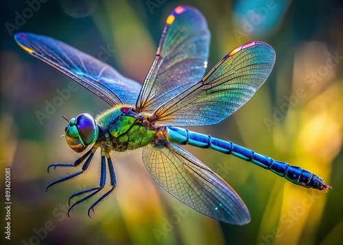 Vibrant dragonfly in mid-flight, iridescent blues and greens glimmering on its delicate wings, intricate patterns and textures magnificently captured in stunning high-magnification detail.