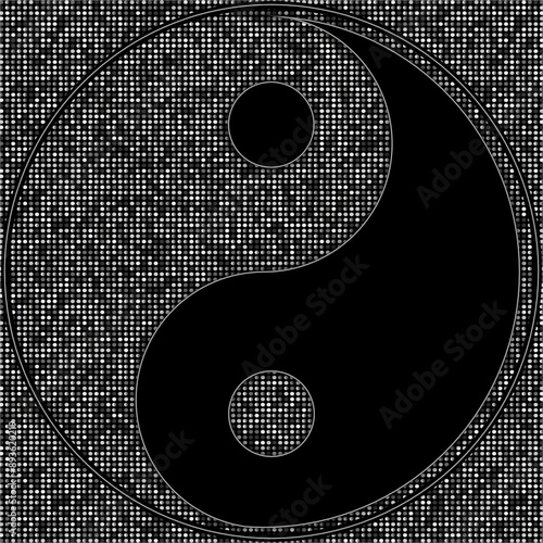A yin-yang symbol in black and silver. Black yin and yang background with silver glitter. Yin and yang.