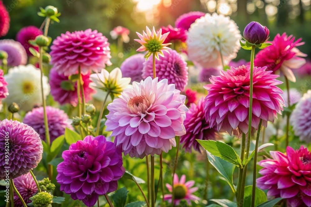 Vibrant dahlias in shades of pink, purple, and white bloom amidst lush green foliage in a sunny summer garden with a warm, serene atmosphere. Vibrant dahlias in shades of pink, purple, and white bloom amidst lush green foliage in a sunny summer garden with a warm, serene atmosphere.