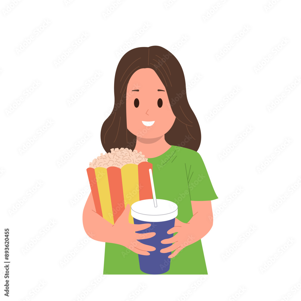 Smiling girl child cartoon character holding popcorn snack pack and soda drink preparing for cinema Smiling girl child cartoon character holding popcorn snack pack and soda drink preparing for cinema