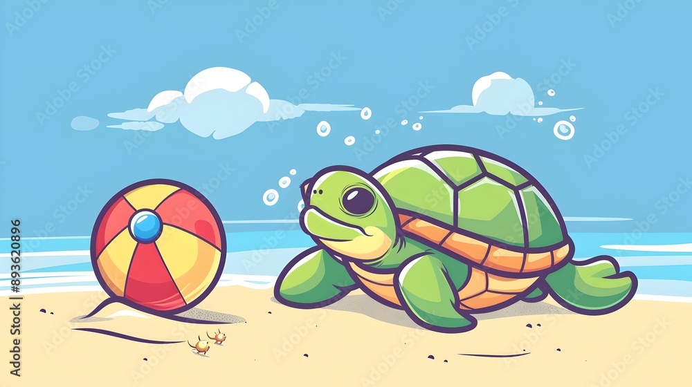 Naklejka premium Cheerful Cartoon Turtle Playing with Beach Ball in Seaside Scene