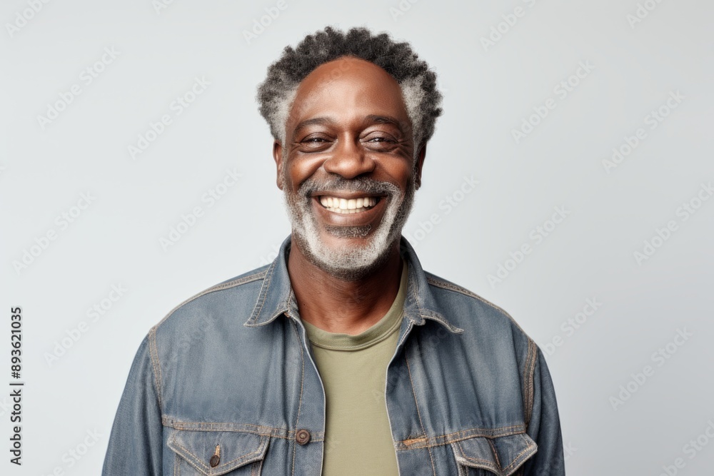 Portrait of a joyful afro-american man in his 50s wearing a rugged jean vest isolated on white background Portrait of a joyful afro-american man in his 50s wearing a rugged jean vest isolated on white background