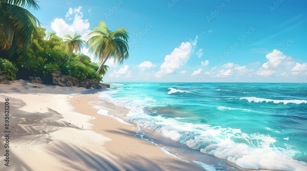 Breathtaking Tropical Beach with Turquoise Waters and Swaying Palm Trees under Bright Sunny Skies Breathtaking Tropical Beach with Turquoise Waters and Swaying Palm Trees under Bright Sunny Skies