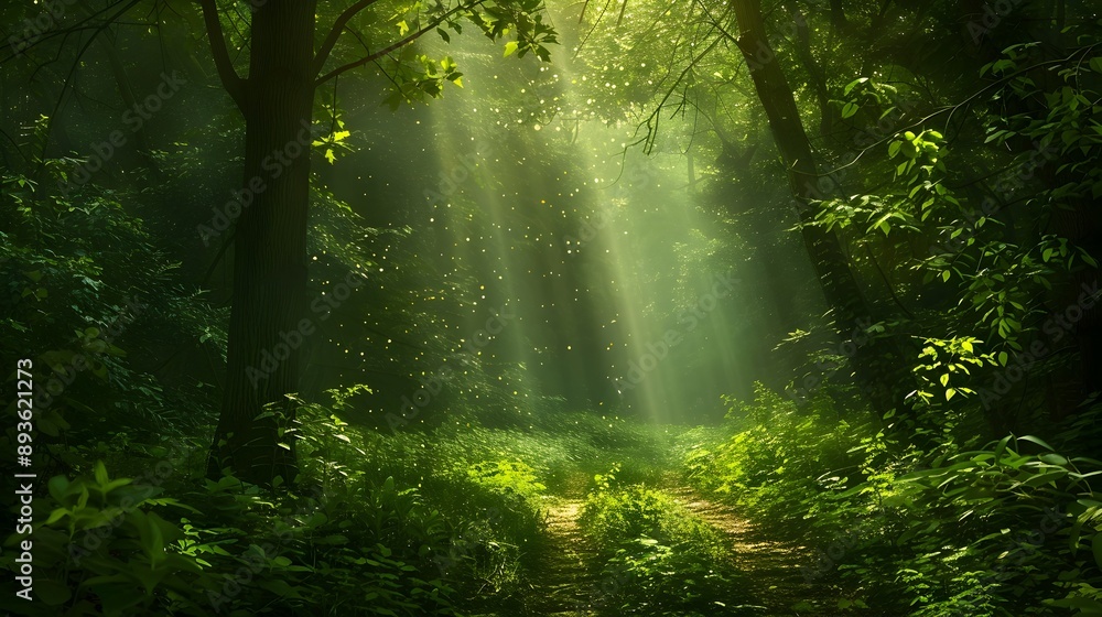Obraz premium Trekking Through Enchanting Mystical Forest With Vibrant Greenery and Sunlight Filtering
