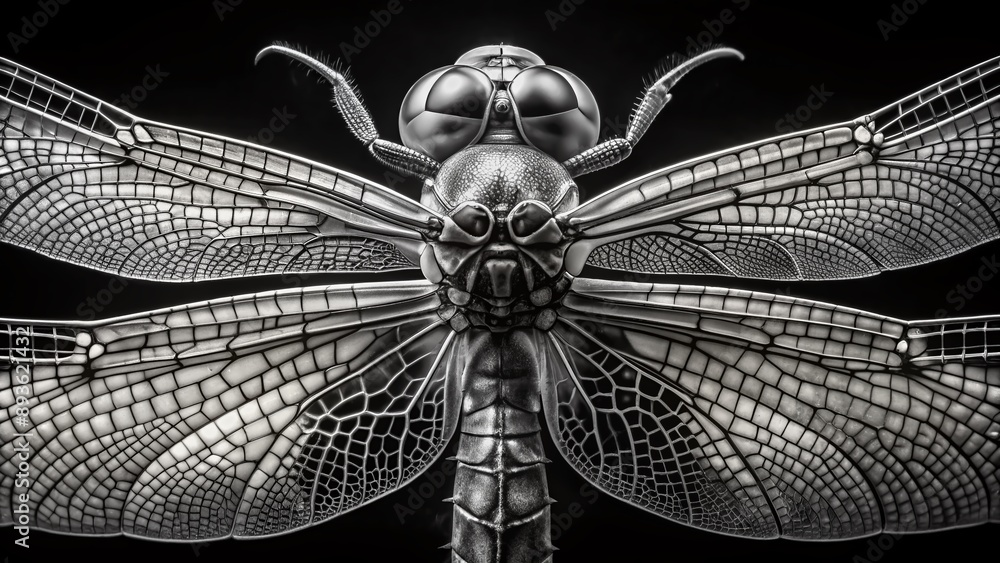 A highly magnified black and white photograph of a dragonfly's intricate details, showcasing its veined wings, compound eyes, and slender body in exceptional clarity. A highly magnified black and white photograph of a dragonfly's intricate details, showcasing its veined wings, compound eyes, and slender body in exceptional clarity.