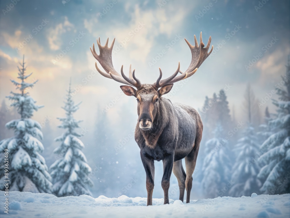 Majestic snowy moose stands alone on a serene white winter background, antlers and fur dusted with snow, abundant empty space for text or design elements. Majestic snowy moose stands alone on a serene white winter background, antlers and fur dusted with snow, abundant empty space for text or design elements.