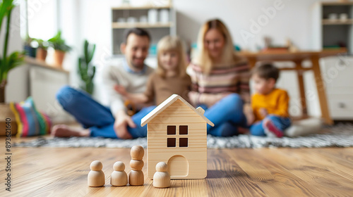 Happy family sitting together with a wooden house model and figures in foreground. Concept of buying, financing, or planning a new home. Real estate, mortgage, or housing loan theme.