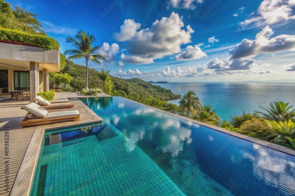 Obraz premium Luxurious outdoor infinity pool overlooking turquoise ocean surrounded by lush greenery and sleek modern villa architecture under a vibrant blue sunny sky.