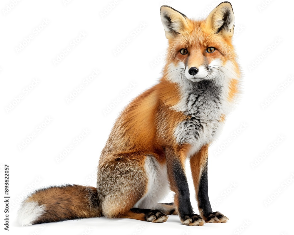Curious Red Fox with Bushy Tail Sitting on White Background Curious Red Fox with Bushy Tail Sitting on White Background