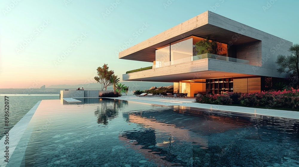 Fototapeta premium Modern Home Overlooking Ocean at Sunset
