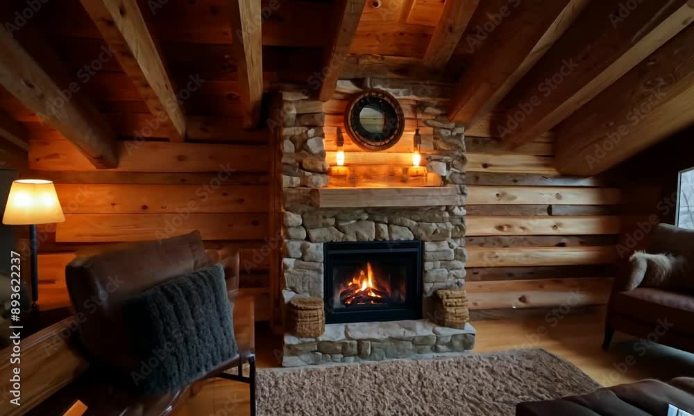 Film the cozy ambiance of a log cabin interior, with exposed wooden ...