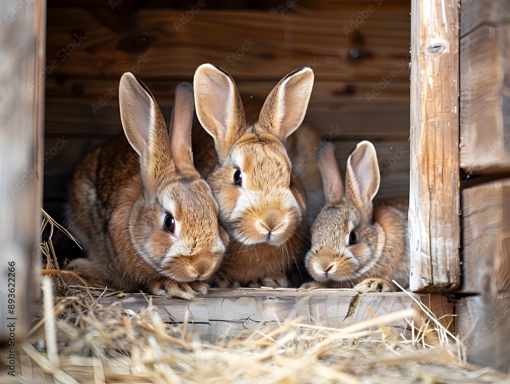 Obraz premium A Cozy Family of Rabbits in a Spacious Outdoor Hutch Illustrating Humane Animal Husbandry Practices