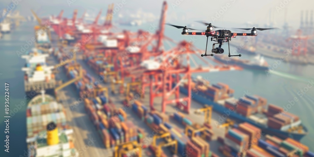 A drone flying over a commercial shipping port with containers being loaded onto cargo ships for global trade A drone flying over a commercial shipping port with containers being loaded onto cargo ships for global trade