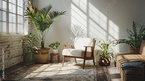 A comfortable chair sits on a rug beside a bench with plants in a bright white loft. The loft has a wooden sofa. © Mustafa