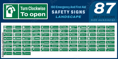 87 set ISO emergency and first aid safety signs v018 landscape size 1/2 a4,a3,a2,a1