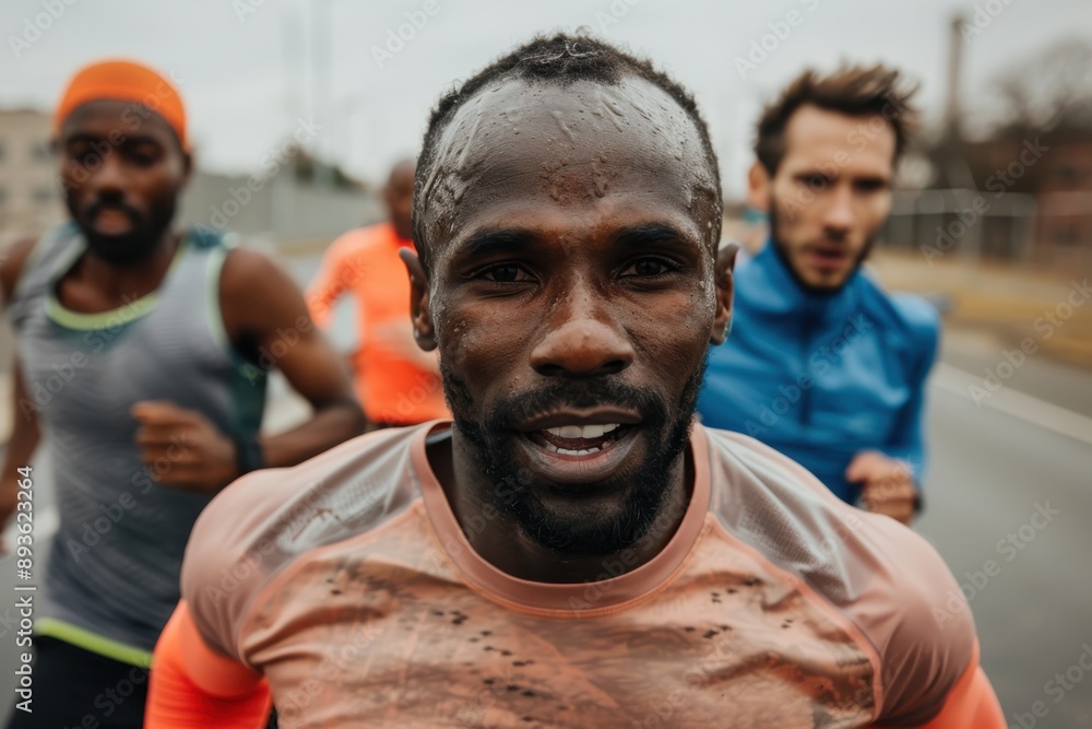 A close-up of marathon runners with determined expressions on their faces, emphasizing the vigor and dedication inherent in long-distance running during an outdoor marathon event. A close-up of marathon runners with determined expressions on their faces, emphasizing the vigor and dedication inherent in long-distance running during an outdoor marathon event.