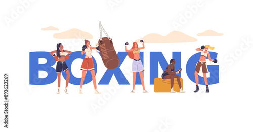 Women Boxers Training Together. Vector Poster, Banner Or Flyer Depicts Various Activities Including Punching Boxing Bag
