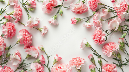 Floral frame pink carnations and dense buds surrounds blank central pink canvas, flat lay