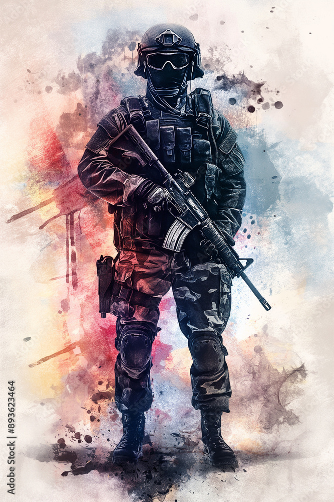 Vertical illustration of a first person shooter game main character holding weapon with water color decoration Vertical illustration of a first person shooter game main character holding weapon with water color decoration