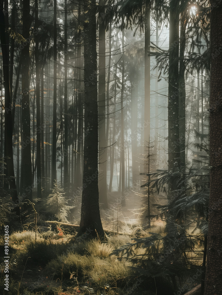 Fototapeta premium Dense forest with rays of sunlight filtering through the trees