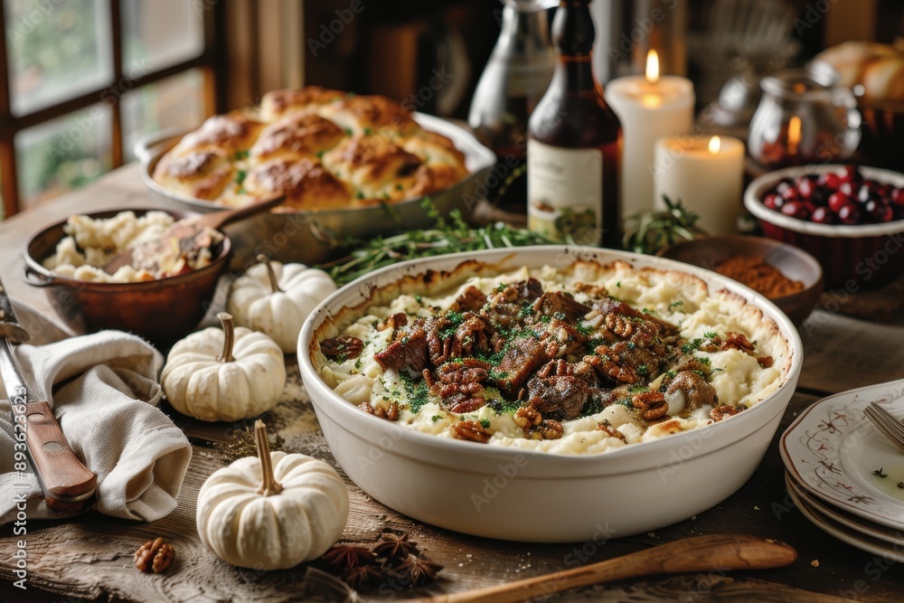 A richly set holiday table with various meat, bread, and vegetable dishes, decorated with candles and small pumpkins in a cozy, rustic dining environment. A richly set holiday table with various meat, bread, and vegetable dishes, decorated with candles and small pumpkins in a cozy, rustic dining environment.