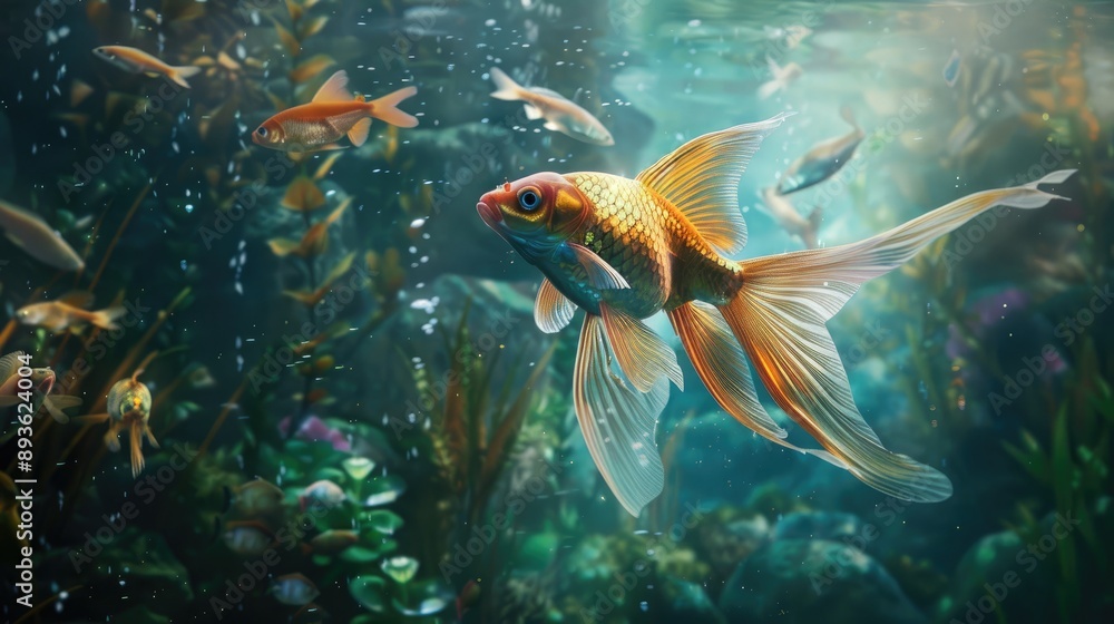 Fish with delicate, fairy-like wings swimming in a magical underwater realm Fish with delicate, fairy-like wings swimming in a magical underwater realm