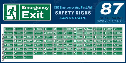 87 set ISO emergency and first aid safety signs v02 landscape size 1/2 a4,a3,a2,a1