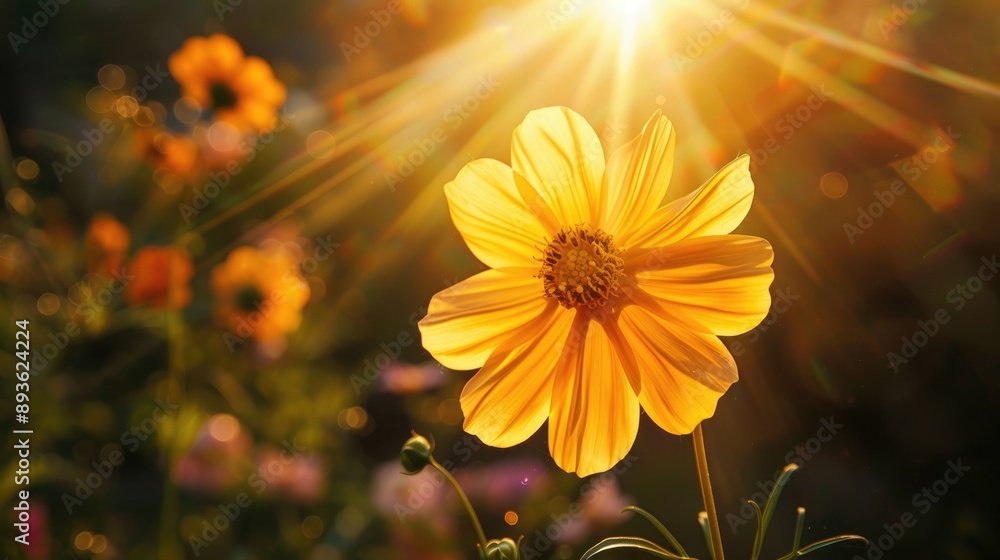 Flower in bloom with sun rays creating a halo effect around it