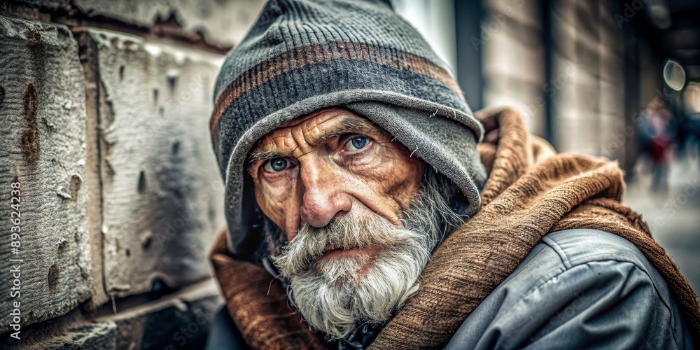 Portrait of Homeless Elderly Man with Gray Beard and Blue Eyes Portrait of Homeless Elderly Man with Gray Beard and Blue Eyes