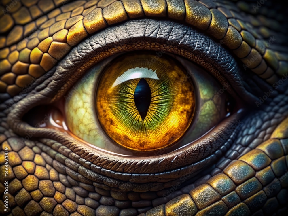 Fototapeta premium Fierce monster eye glares menacingly, razor-sharp eyelashes frame piercing yellow iris, surrounded by reptilian skin texture and dark shadows in extreme close-up.
