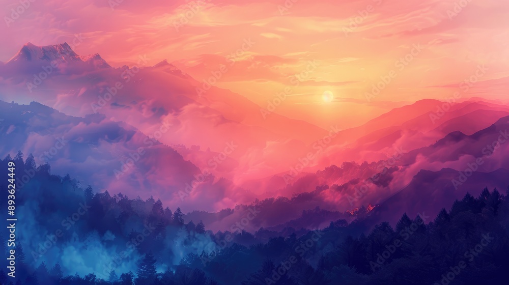 Fototapeta premium Glowing sunset over misty mountains, with a sky painted in vibrant colors