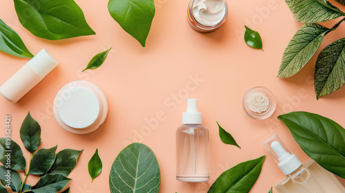 Natural cosmetic products, flat lay skincare products arranged neatly on soft peach background.