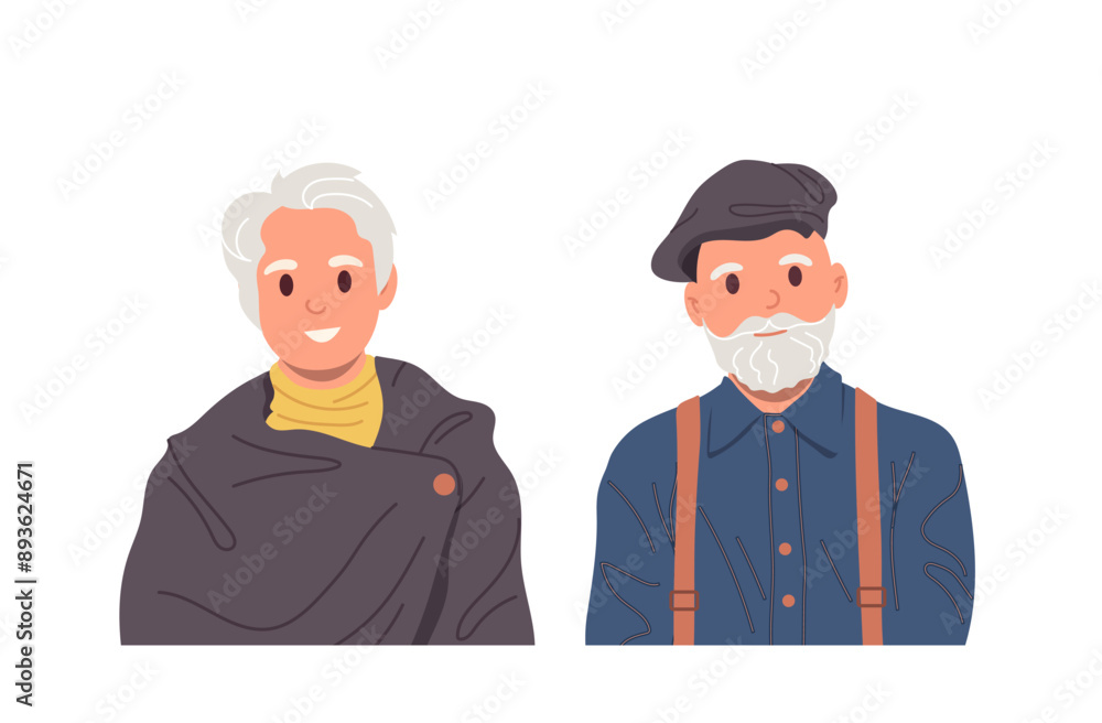 Portrait of two confident grey-haired senior men wearing retro vintage and modern trendy outfit Portrait of two confident grey-haired senior men wearing retro vintage and modern trendy outfit