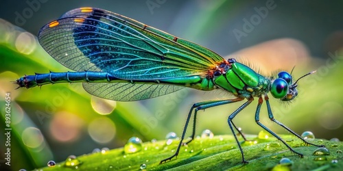 Vibrant green dragonfly with iridescent blue wings and delicate legs perches on a soft, dewy leaf, its compound eyes shining like bright jewels. photo