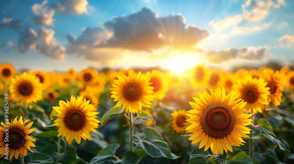 Obraz premium A vibrant field of sunflowers under a bright summer sky 