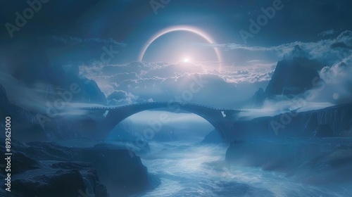 Bridge with celestial glow, arching over a dreamlike, heavenly expanse