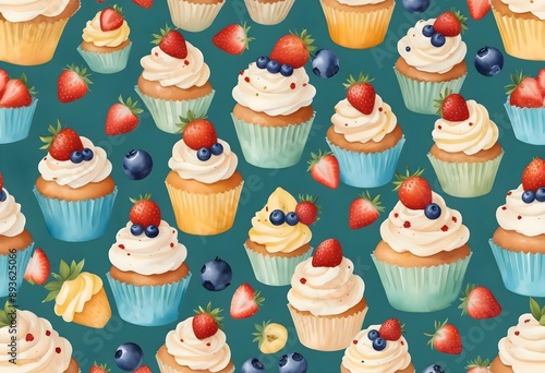 Watercolor Cupcakes Pattern with Berries