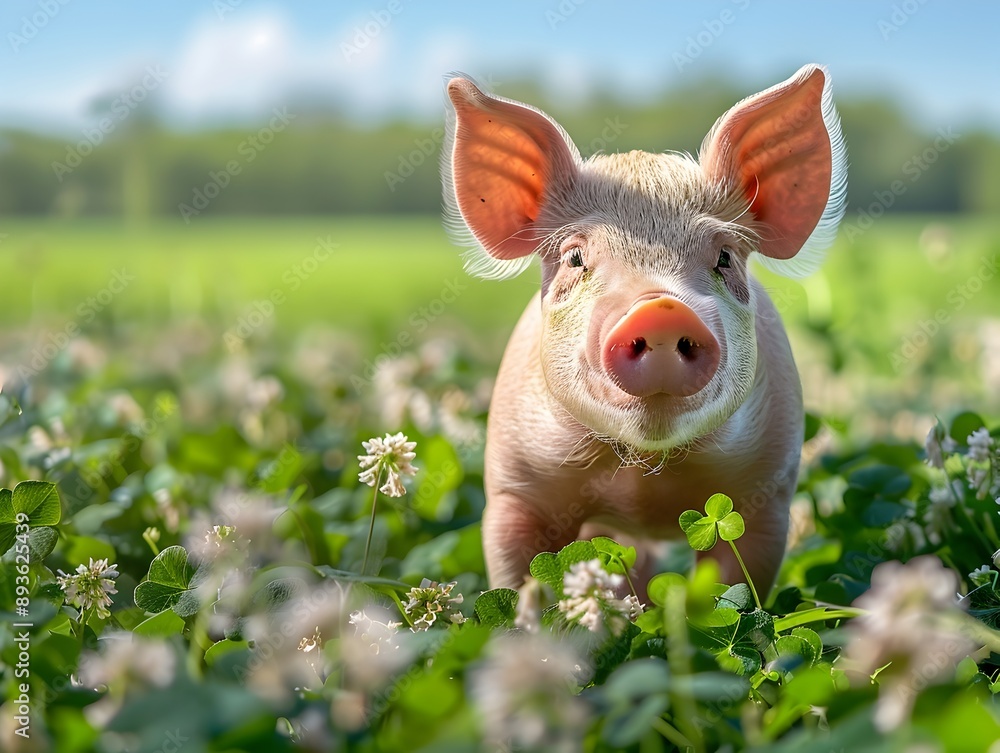 Curious Piglet Exploring Lush Clover Field in Peaceful Farming Landscape Curious Piglet Exploring Lush Clover Field in Peaceful Farming Landscape