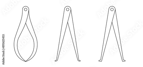 Cartoon caliper, old style calipers. Wood working compasses or Blacksmith equipment. Old metal calipers for measuring outside size or inside size. Compass divider. Inside passer, outside passer. 
