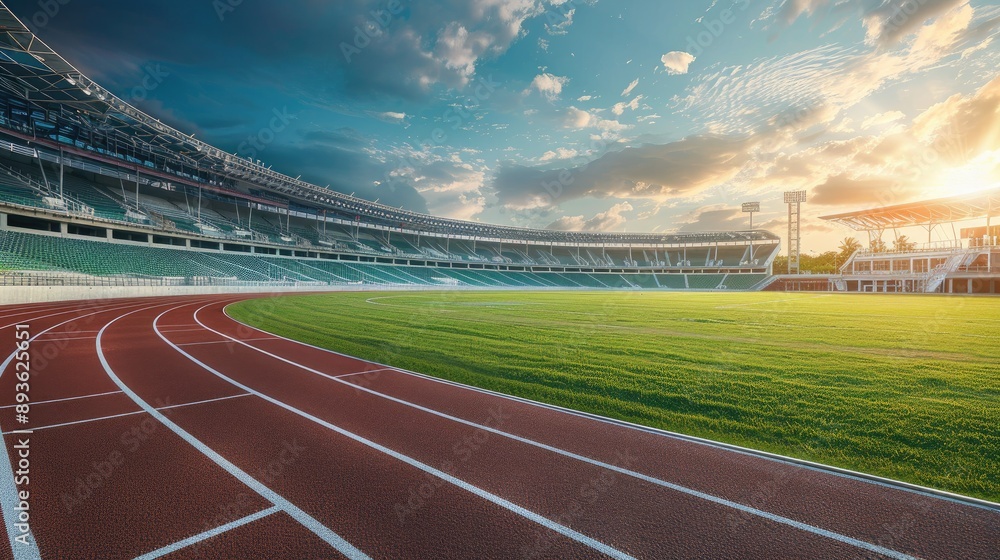 Sports stadium arena with an empty running track, green grass, and a stunning sky background. Sports stadium arena with an empty running track, green grass, and a stunning sky background.
